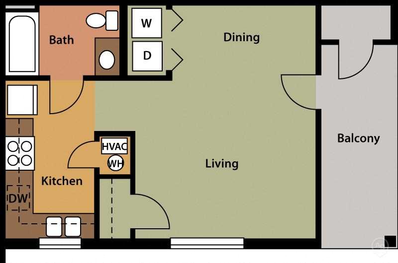 Floor plan for studio, 1 bath, 624 sqft
